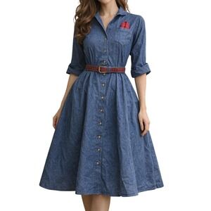 Vintage 80s Denim Shirtdress Belted USA Made Americana Ralph Lauren Style Pocket